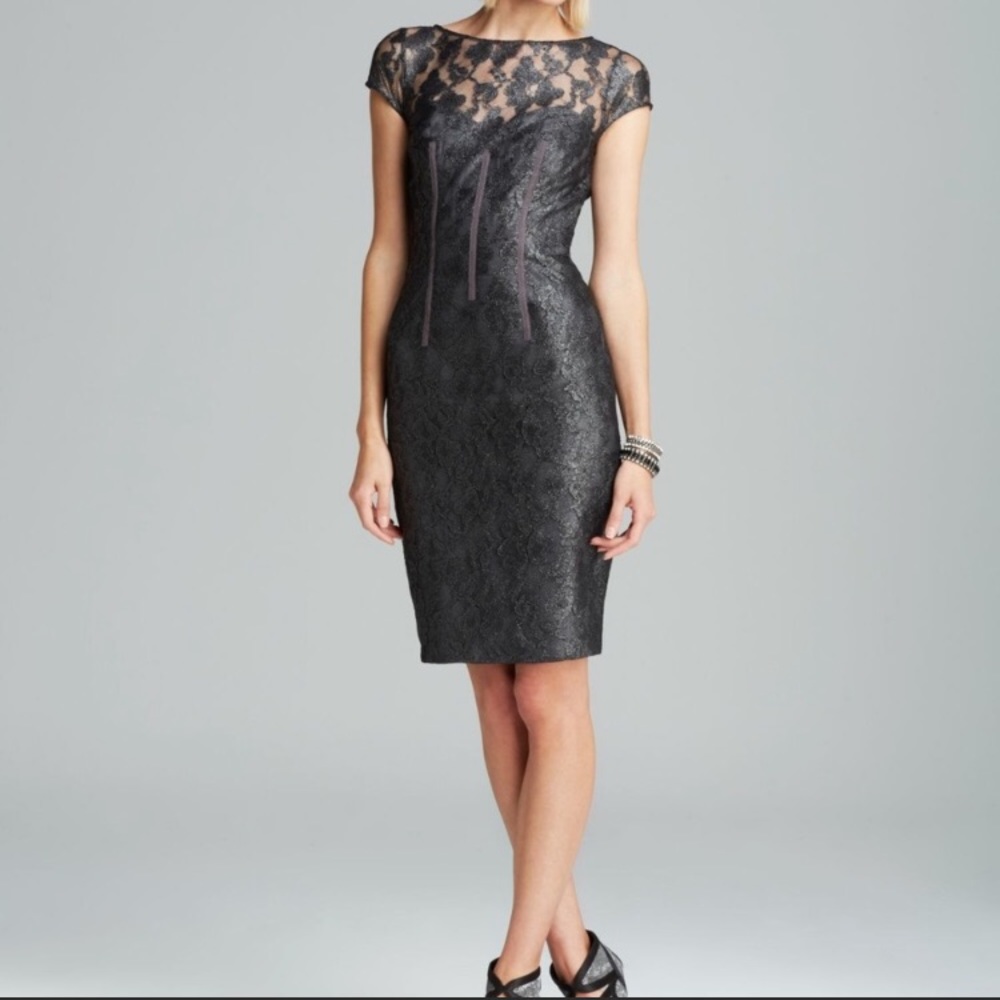 Cap-Sleeve Metallic Sheath Dress in Gunmetal